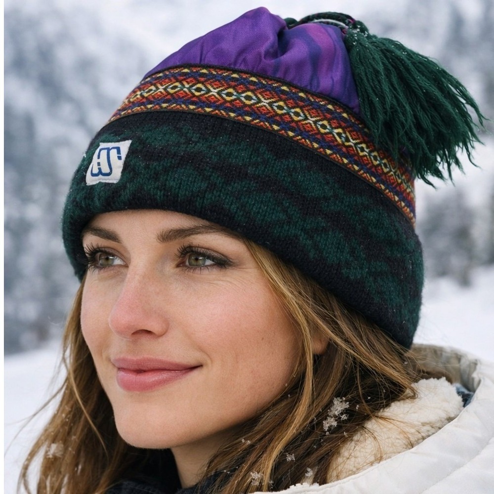 Murray Merkley Sportswear Vintage Wool Beanie Purple Green Tassel Hat Canada